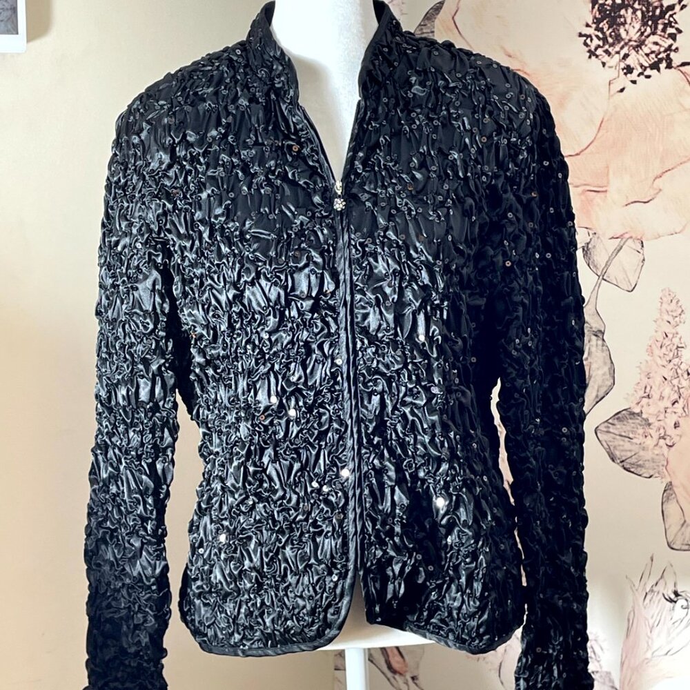 MSK Black zippered Dressy Black Jacket Sequinned Rusched Scrunched PL